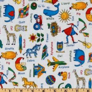  44 Wide ABC Animal Names White/Multi Fabric By The Yard 