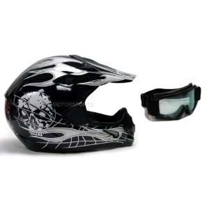  TMS Black Silver Skull Flame Motocross Helmet with Goggles 