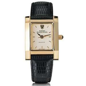 Harvard Business School Womens Swiss Watch   Gold Quad with Leather 