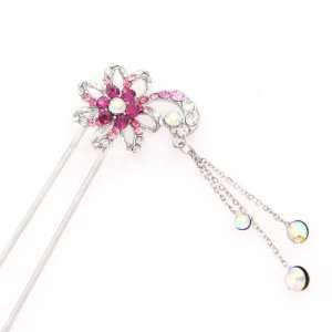   Rhinestone 2 Prong Floral Hair Stick Fork with Tassels Pink: Beauty