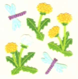 Sandylion Fuzzy DANDELION FLOWERS & DRAGONFLY *3 Squares* VINTAGE 