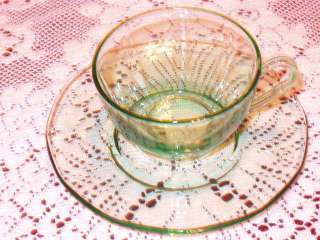 FOSTORIA Green Depression GLASS FAIRFAX Cup & Saucers  