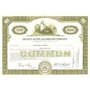 Arnold Altex Aluminum Company Stock Certificate Issued and Cancelled