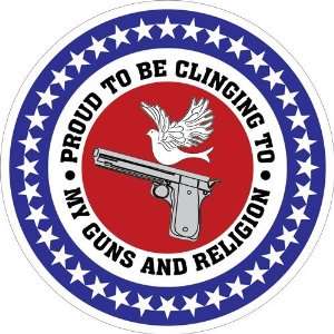   Religion; round bumper sticker with dove and pistol 