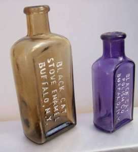 Two Black Cat Stove Polish Bottles Purple Bronze 1890s  