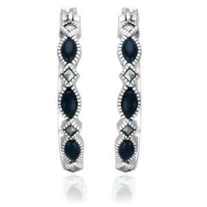   Silver Marcasite and Onyx Hoop Earrings (0.8 Diameter) Jewelry