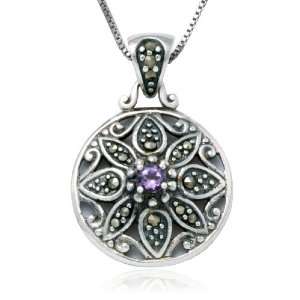   Silver Marcasite Shield Pendant with Amethyst Accent, 18 Jewelry