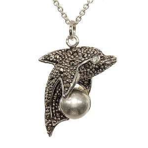 Marcasite Studded Dolphin Pendant With Gray Simulated Pearl Ball and 