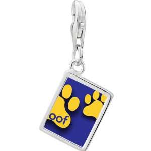   925 Sterling Silver Dog Woof Paw Prints Photo Rectangle Frame Charm