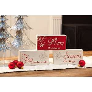  Wooden Block Holiday Sentiments Table Decor 3 Asst, Red 