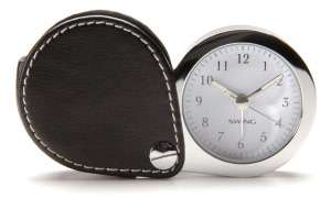 Black Leather Travel Alarm Clock with Glow In The Dark Hands