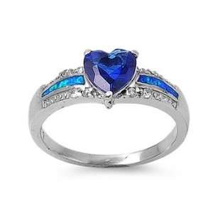 Sterling Silver Ring in Lab Opal   Blue Opal, Blue Sapphire, Clear CZ 