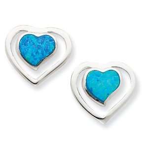  Sterling Silver Created Blue Opal Inlay Center Heart Post 
