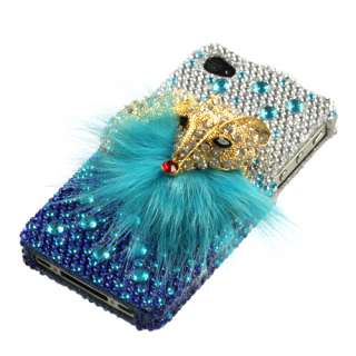 For AT&T Apple iPhone 4 4S Phone Blue Fox 3D Crystal Stone Hard Cover 