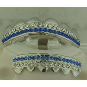  GRILLZ Blue CZ HIP HOP Silver Tone Top and Bottom Mouth 