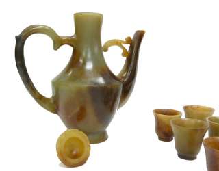Chinese Jade Stone Carved Winepot Cup Set ss644  