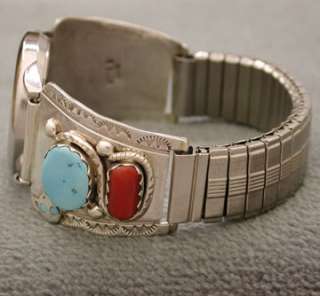 Zuni Effie C Silver Turquoise & Coral Mens Watch NEW !!  