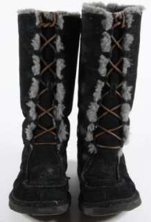 Ugg 5230 Whitley Black Suede Gray Sheepskin Lace Up Knee High Boots 