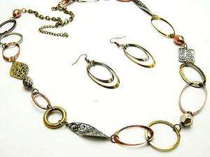 TRI TONE OVAL HOOP CHIPS BEAD LONG NECKLACE EARRING  
