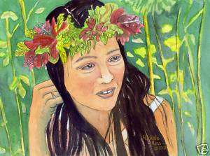 Beautiful Watercolor painting  Hawaiian Hula Lei Girl  