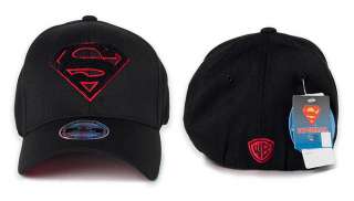 Superman Woolly Logo Baseball Cap Flexfit Spandex Hat Black Red Border 