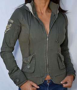 Affliction Women DYLAN Bomber Jacket with hood   NEW   11OW427   Army 
