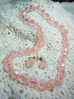 50s 60s Lucite Crystal Pink Pop Beads Necklace Earrings  