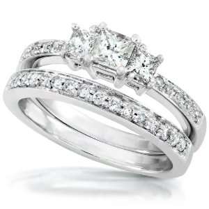  Three Stone Princess Diamond Wedding Ring Set in 14Kt White Gold (HI 