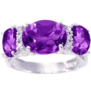 14K White Gold Oval Three Stone Ring With Diamonds Amethyst, size5.5