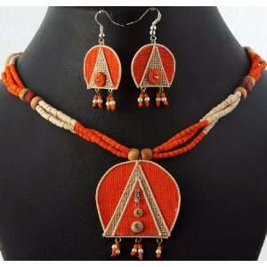 Vermilion Red Jute Necklace with Earrings Set 