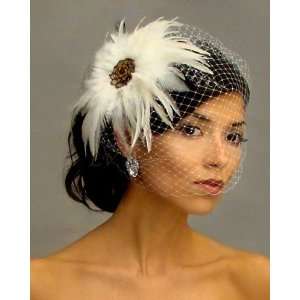 WHITE Beaded Feather Fascinator Brooch Hair Clip and Bridal Birdcage 