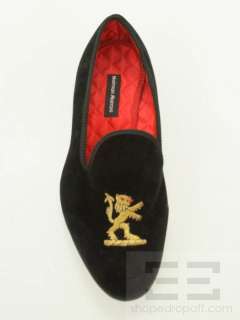  Mens Black Velvet & Gold Lion Applique Loafer Shoes 