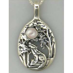 Stunning Sterling Silver Howling Wolf Howling Pendant Accented with 