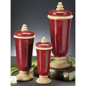  Set of 3 Mottled Plum Red Glaze Ceramic Urn Vases