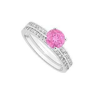 Pink Sapphire and Diamond Engagement Ring with Wedding Band Set  14K 