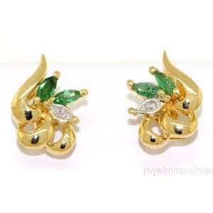  Emerald & Diamond Earrings 14K Yellow Gold: Jewelry