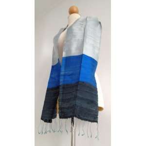 Thai Silk Scarf ,Size 22x170 cm (ColorSilver,Navy Blue and Black 100% 