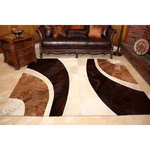 Brazilian Designer Cowhide Rug: Brown and White Curves  Size about 6.5 