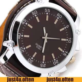 Fashion Brown Big Style Wide leather Band Mens Boys Quartz Wrist Watch 
