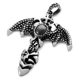   Mens Silver Stainless Steel Bat Cross Gothic Pendant Necklace Jewelry