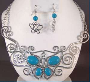 Turquoise Butterfly Costume Jewelry Necklace & Earrings  