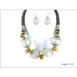  Chunky Art Deco Silver Tone Necklace and Earrings with Gold Tone 