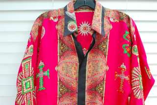 Vintage Atelier Versace Couture Silk Shirt Red Jeweled Cross Icons 
