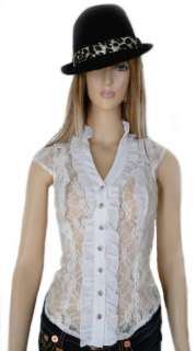 Runway Sexy See Through Floral Lace Ruffle Detail Button Down Blouse 