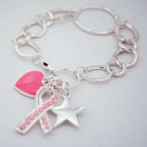  Silver Link Pink Ribbon Breast Cancer Awareness Bracelet 