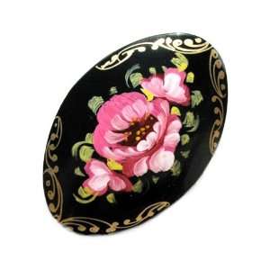  GreatRussianGifts Pink Poppy Oval Lacquer Broach Kitchen 