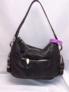 Makowsky BLACK Glove Leather Zip Top Hobo Bag w/Side Pockets 