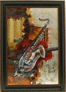 Saxophone Bass Jazz Instrument Abstract Art FRAMED OIL PAINTING  