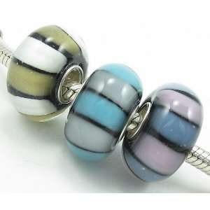 ) Gold/White, Grey/Blue, and Lavender/Blue Striped Murano Glass Beads 