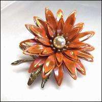 Vintage 60s W Germany Orange Coral Pearl Flower Brooch  